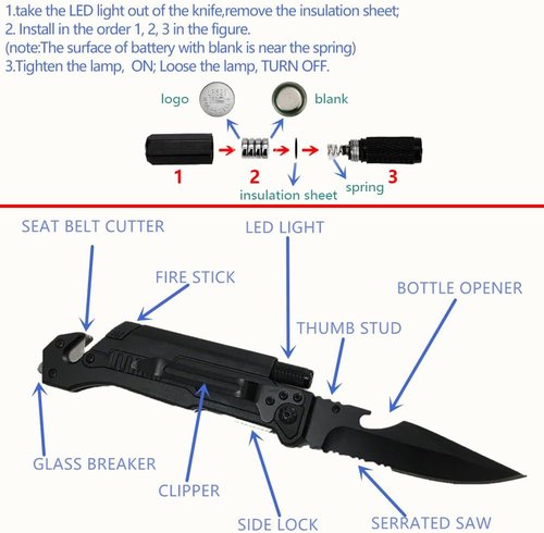 ALBATROSS 6-in-1 Tactical Folding Pocket Knife - Multi-Function Survival Tool with LED Light & Glass Breaker | Black