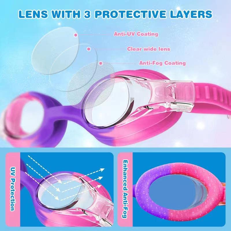 Multicolor Kids Swim Goggles Anti-Fog Leakproof Comfort Fit 4-14 Boys Girls - Pack of 4