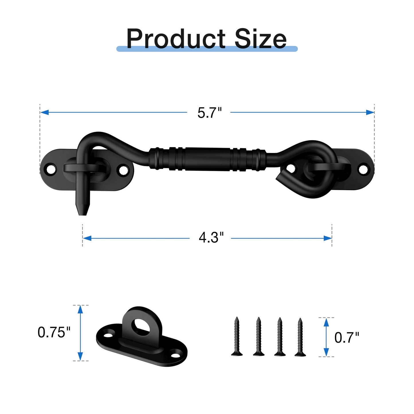 WINSOON 4 inch Hook and Eye Latch for Door 2 Pack, Privacy Eye Hook Latch, Rust-Resistant Metal Gate Latch, for Indoor and Outdoor, Gates, Bedrooms, Bathrooms, Sliding Doors, Fences, Windows-Black