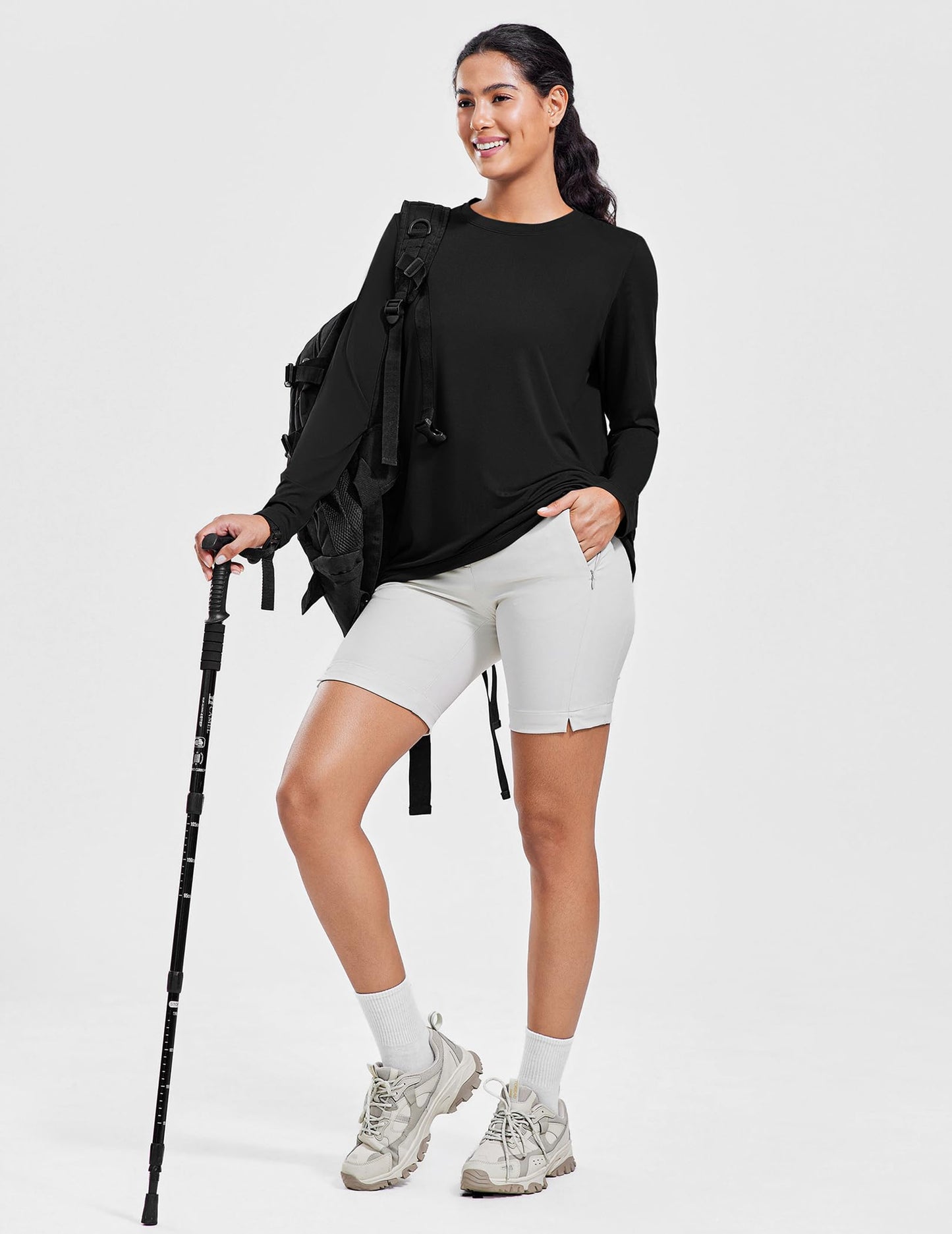 PINSPARK Long Sleeve Workout Tops for Women Solid Athletic Shirts Lightweight Yoga Shirt Stretchy Running Top Loose Fit, Black Large