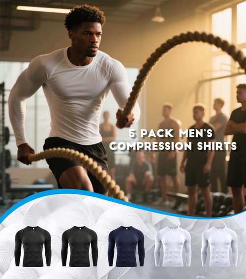 CYPER SUN 5 Pack Men's Compression Shirts Long Sleeve Undershirts, Quick Dry Workout Baselayer Rash Guard Fitness Top Black/White/Blue L