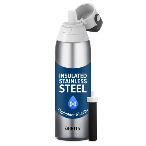 Brita Stainless Steel Premium Filtering Water Bottle, BPA-Free, Reusable, Insulated, Replaces 300 Plastic Water Bottles, Filter Lasts 2 Months or 40 Gallons, Includes 1 Filter, Stainless - 20 oz.