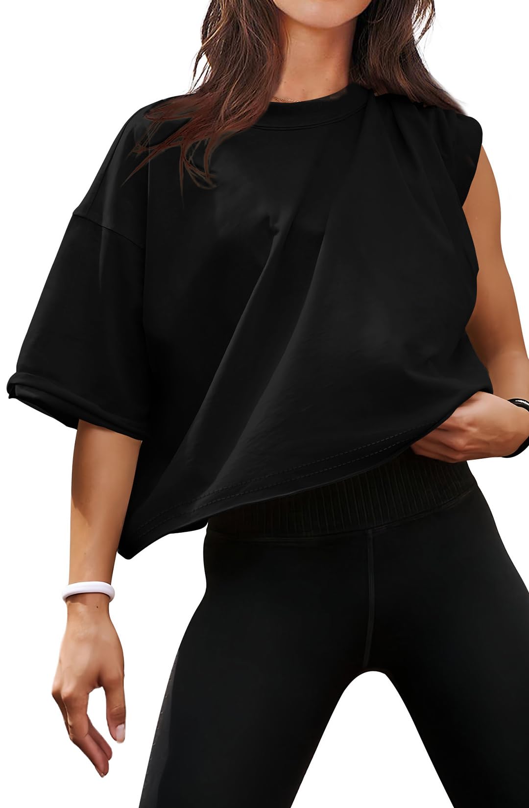 Oversized Crop Tops for Women Workout Short Sleeve Drop Shoulder Tee Shirts Athletic Running Tops Roll Hem Black S