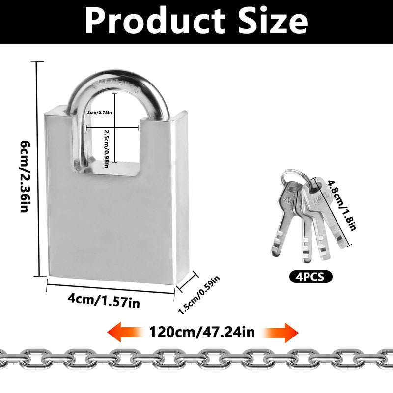 47.24 inch/1.2 Meter Stainless Steel Security Chain Lock with Anti-Cut Padlock & 2 Keys - Heavy Duty Anti-Theft Protection for Bicycle, Motorcycle, Scooter, Door, Fence, Garage