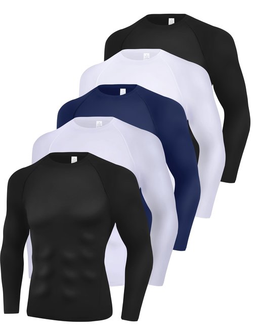 CYPER SUN 5 Pack Men's Compression Shirts Long Sleeve Undershirts, Quick Dry Workout Baselayer Rash Guard Fitness Top Black/White/Blue L