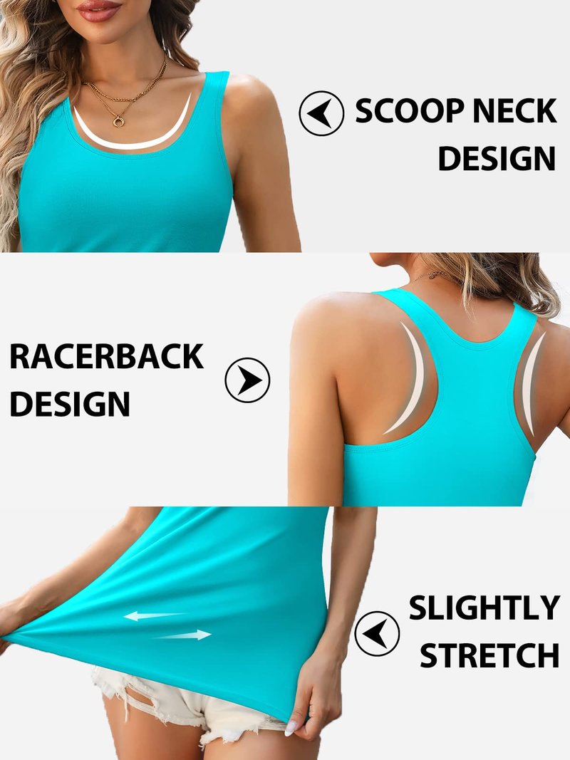 V FOR CITY Womens Racerback Tank with Wide Strap Shelf Bra Cotton Camis Fitted Yoga Workout Tops 2 Pack Black/Aqua S
