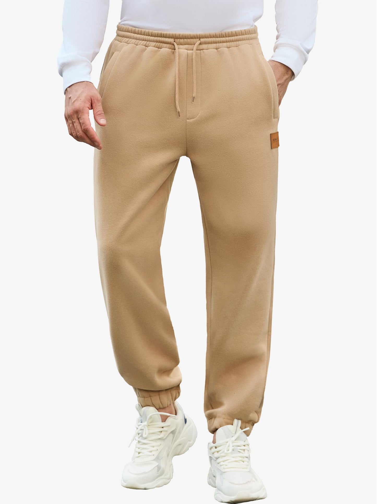 JEMLDL Mens Fleece Sweatpants Loose Fit Tapered Joggers with Drawstring Waist and Pockets Warm Casual Track Pants Khaki Large