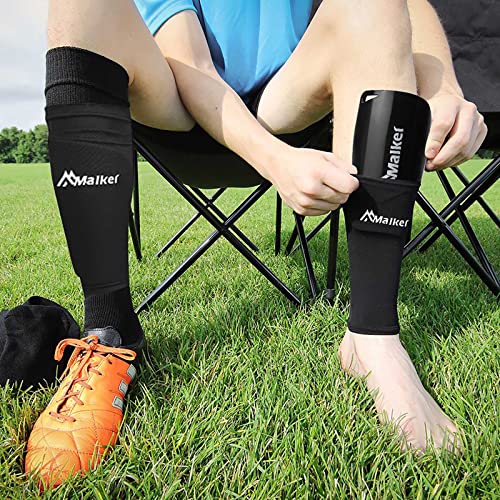 Malker Kids Youth & Adult Black Large Soccer Shin Guards with Sleeves - Lightweight & Protective