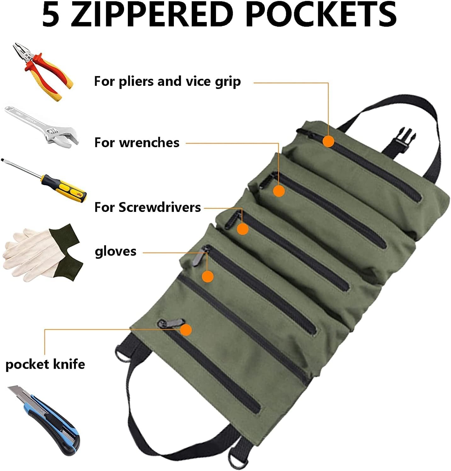 Tool Bag Roll Up, Rollable Carrying Toolbag, Heavt Duty Tool Organizer Portable Tool Storage Bags Waterproof Oxford Cloth-Zipper Pouch for Men Mechanic, Electricians, Repairman, Green