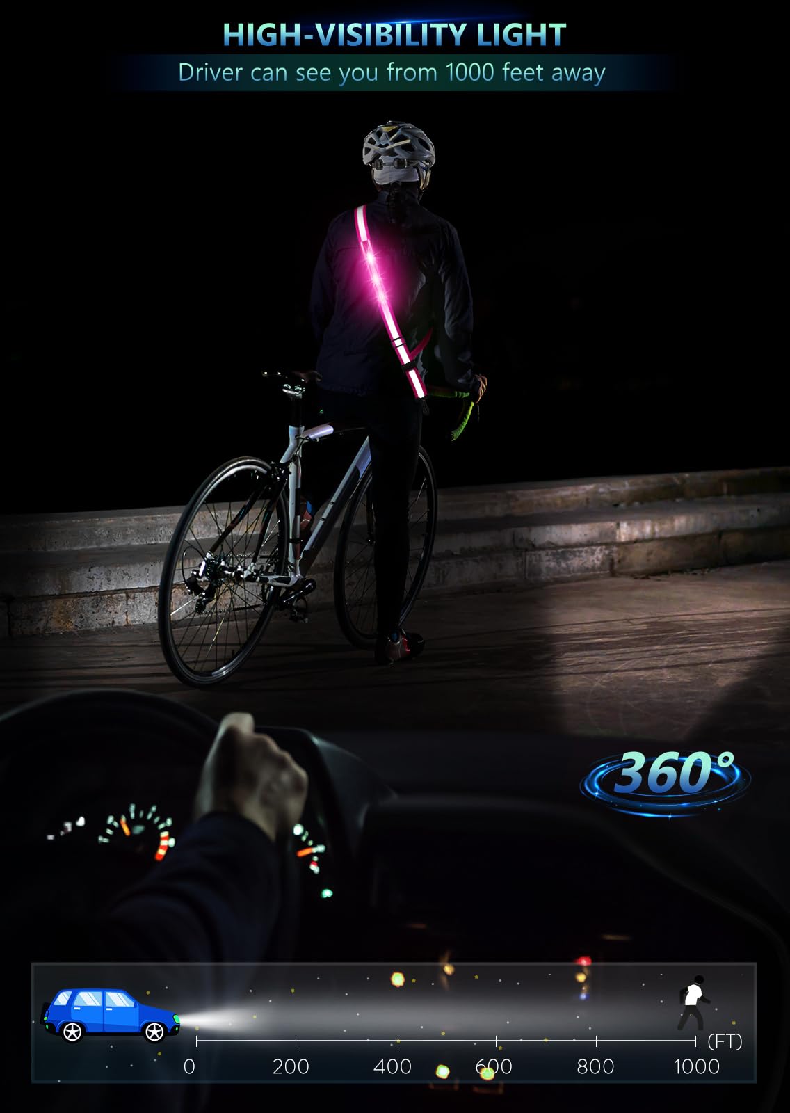 Fokia Kunbio LED Reflective Belt Sash for Walking at Night, Night Running Safety Gear High Visibility Rechargeable LED Light Up Running Belt for Runners Walkers Men Women(Pink)