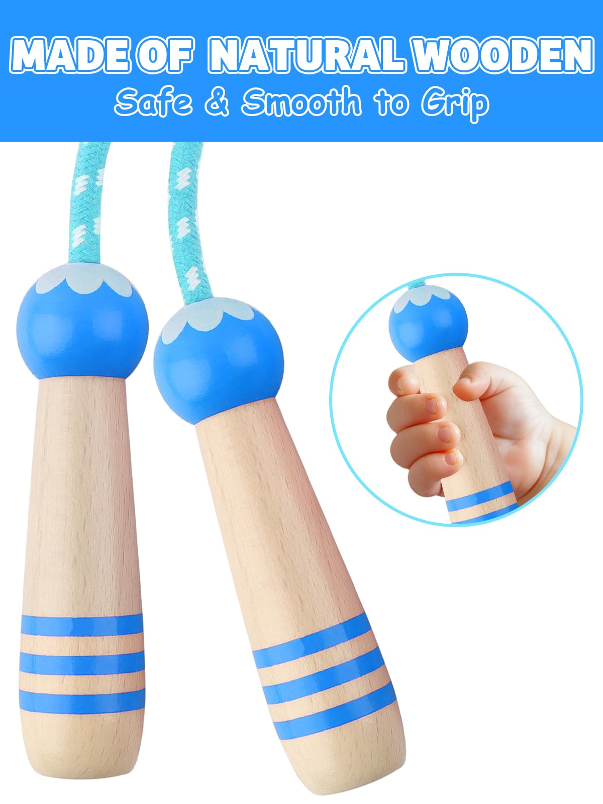 Lorvain Jump Rope Kids, 8.5FT Adjustable Cotton Braided Skipping Rope with Wooden Handle for Girls and Boys Fitness Workout Exercise Outdoor Activity, Blue Jump Rope