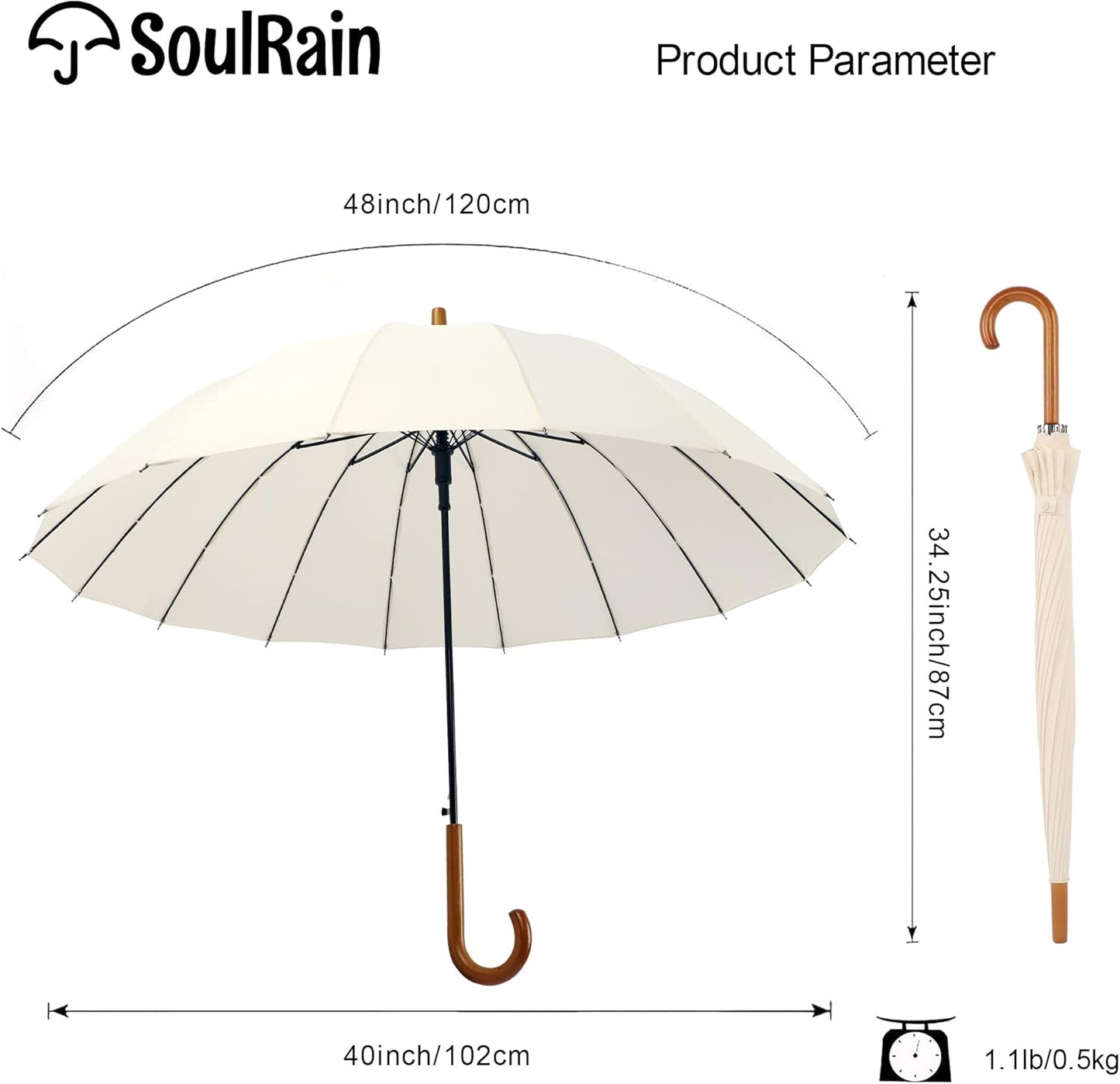 SoulRain 48" Windproof Stick Umbrella - Auto Open with Classic Wood Handle | Fashionable Solid Color