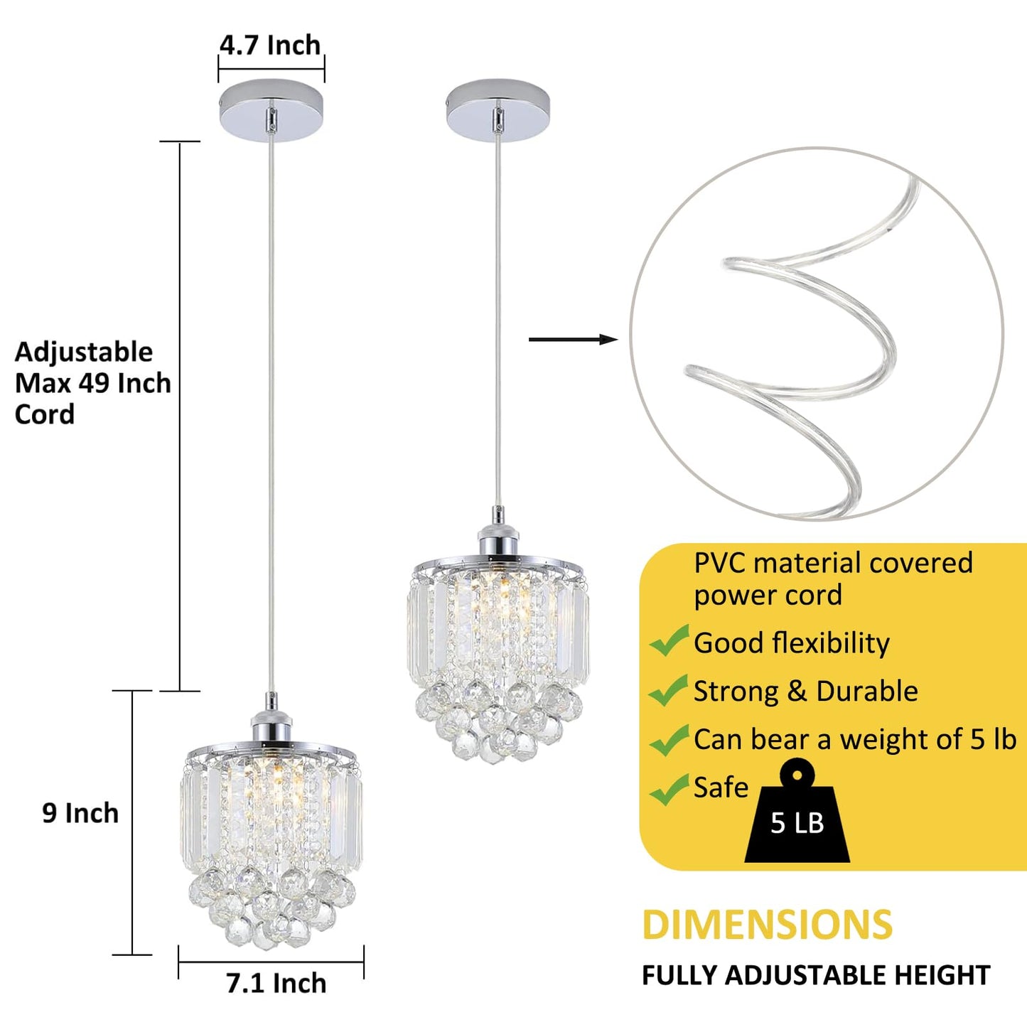 Sheenkarion 2 Pack Decorative Crystal Pendant Light,Chrome Crystal Chandelier Pendant Lights for Kitchen Island Dining Room Living Room Bar Lighting Fixtures,Cord Adjustable Hanging Pendant Lamp