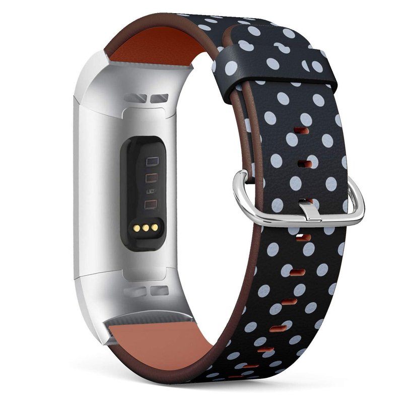 Compatible with Fitbit Charge 3 / Charge 3 SE, Leather Wristband Bracelet with Stainless Steel Clasp and Adapters -Polka Dots