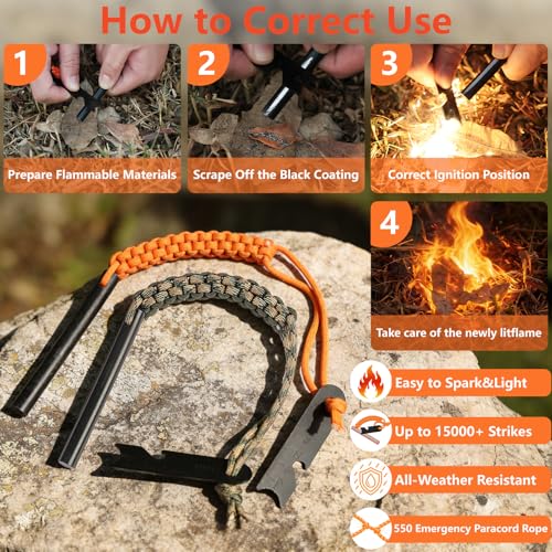 Ferro Rod Fire Starter and Striker Kit - 4 Inch - Orange