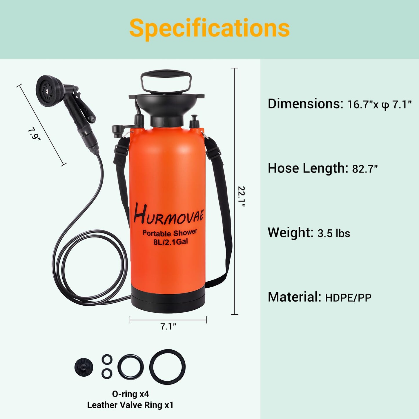 Hurmovae 2.1 Gallon/8L Portable Shower–10 Spray Modes, Nylon Insulated Sleeve & No Electric Needed, Beach Shower for Surfing, Camping, Traveling & Hiking, Portable Water Sprayer, Orange
