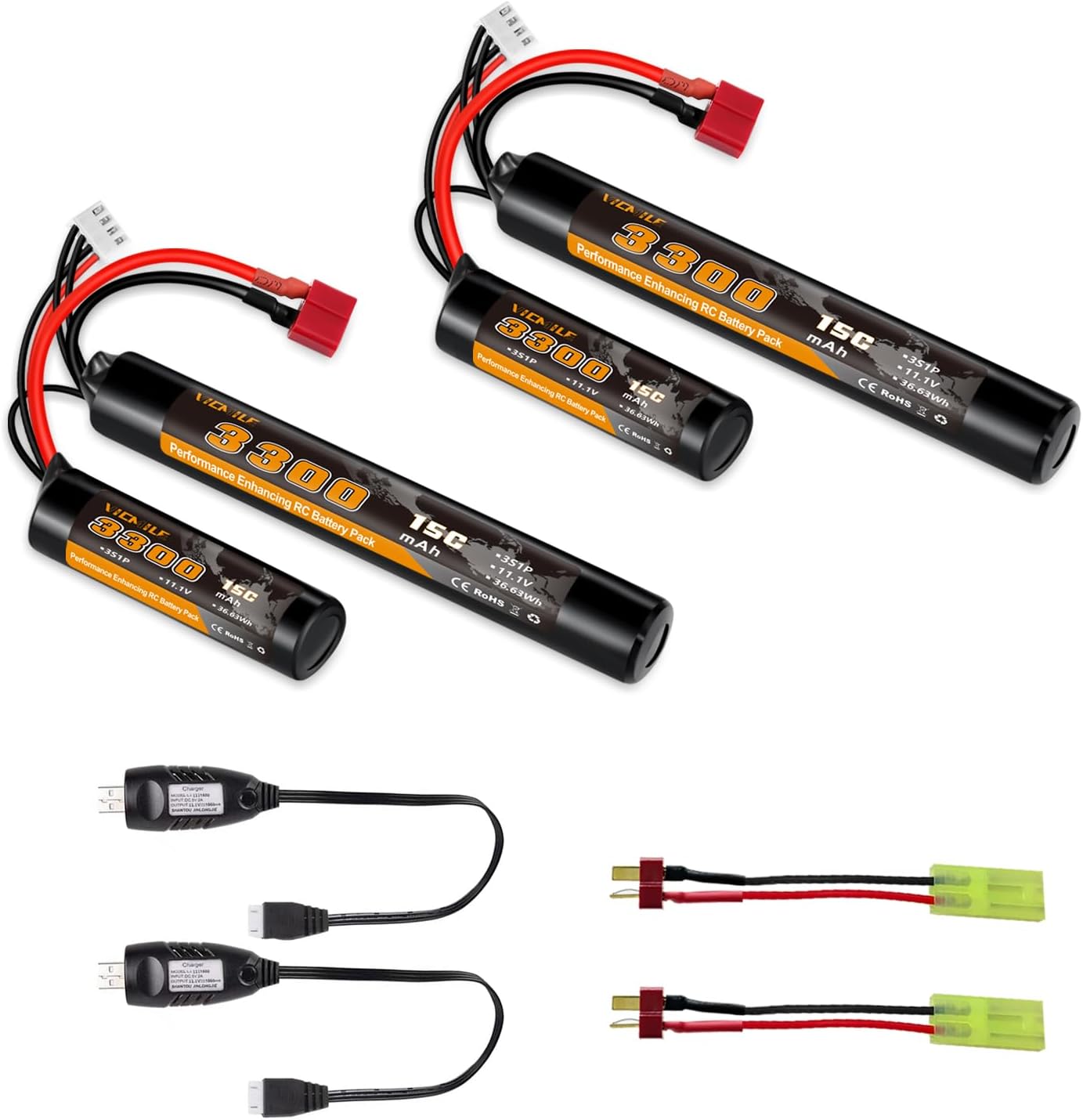 3300mAh Airsoft Battery by [Brand Name] - 11.1V Nunchuck Rechargeable Battery with Dean T Plug | Fits AK47, M4, MP5