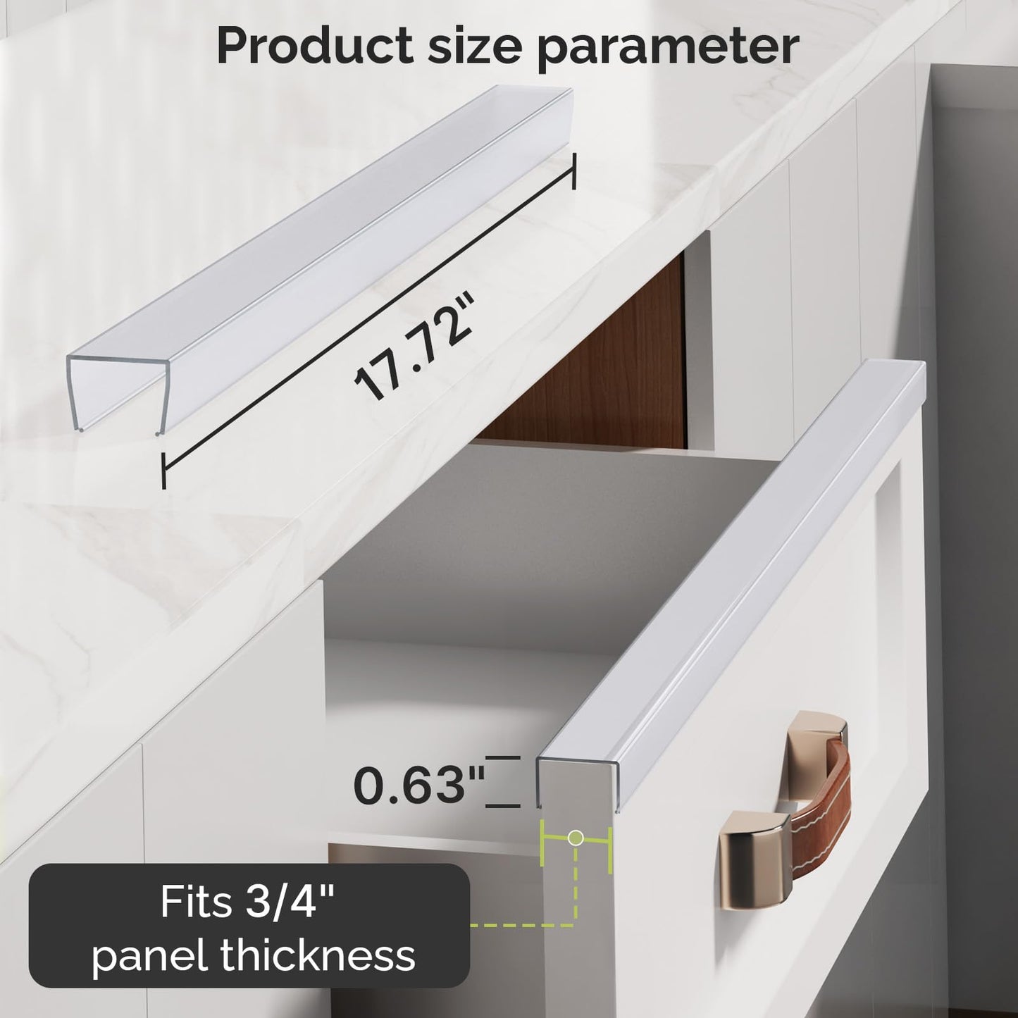 Snugly Fit 18" Length Cabinet Door Protector, Flexible Slip-On Plastic Edge Guard, Thin Transparent Edge Protectors to Prevent Wear, Chipping, Discoloration, Cabinet Bumpers, 3/4" Thick,6 PCS