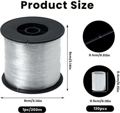 Clear Hanging Wire - 0.8mm Heavy Duty Fishing Line Up to 75Lbs | 820FT Invisible Nylon Thread with 120 Aluminum Crimping Sleeves