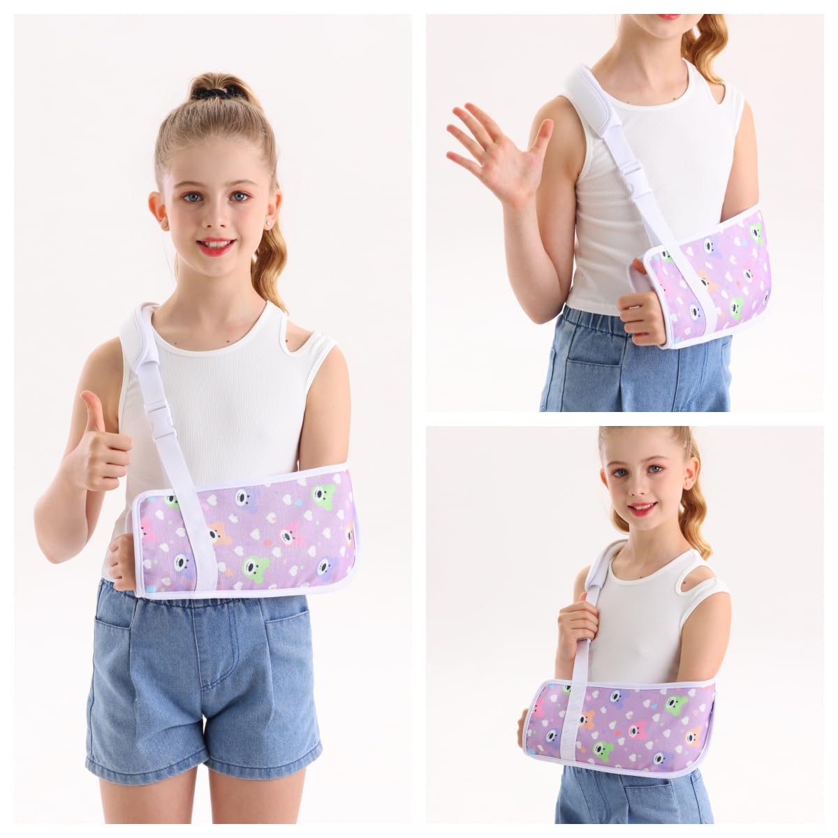 Ledhlth Kids Arm Sling for Broken Arm, Torn Rotator Cuff, Shoulder Elbow Wrist Injury, Printed Pediatric Brace Support (Purple Bear, Small)