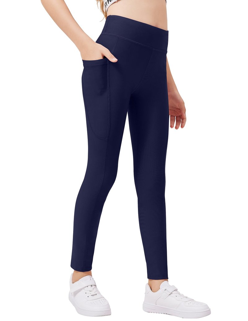 Zaclotre Girls Fleece Lined Leggings Warm Winter Running Tights for Kids High Waist Athletic Yoga Pants with Pockets Navy Blue