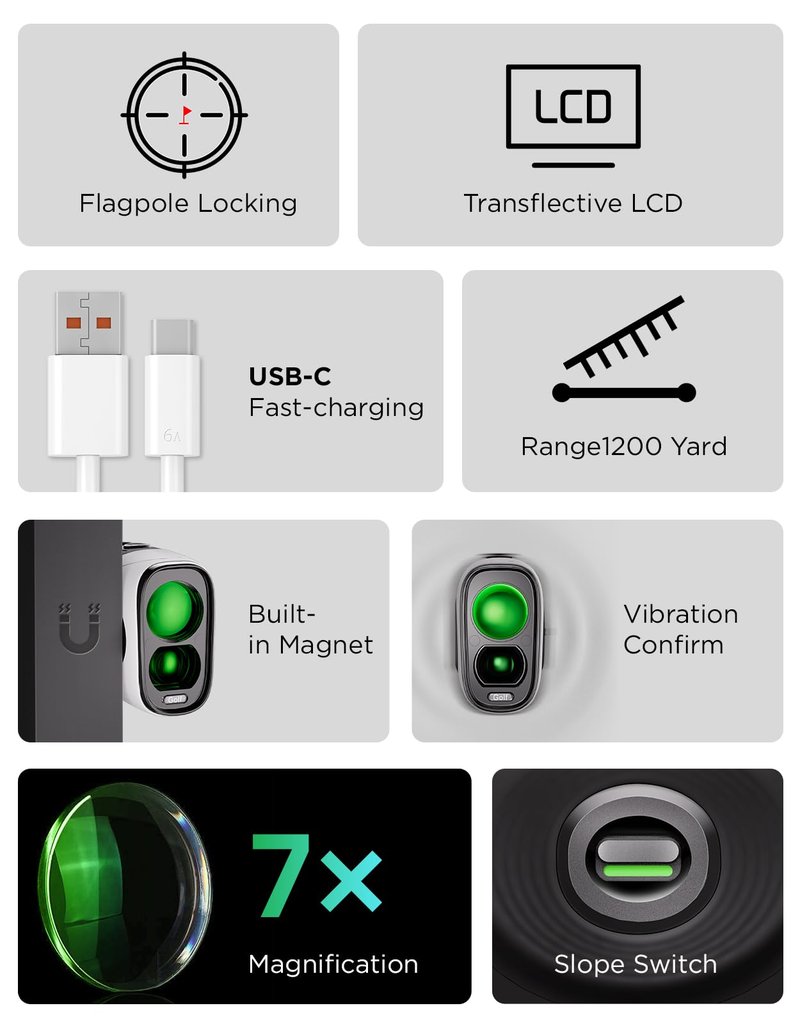 BirdieBeam Golf Rangefinder with Slope, 1200Y Precision Range Finder for Golf, 7X Magnification, Flag Lock with Vibration, Strong Magnet, Ultra-Clear Display, USB-C Rechargeable, Waterproof