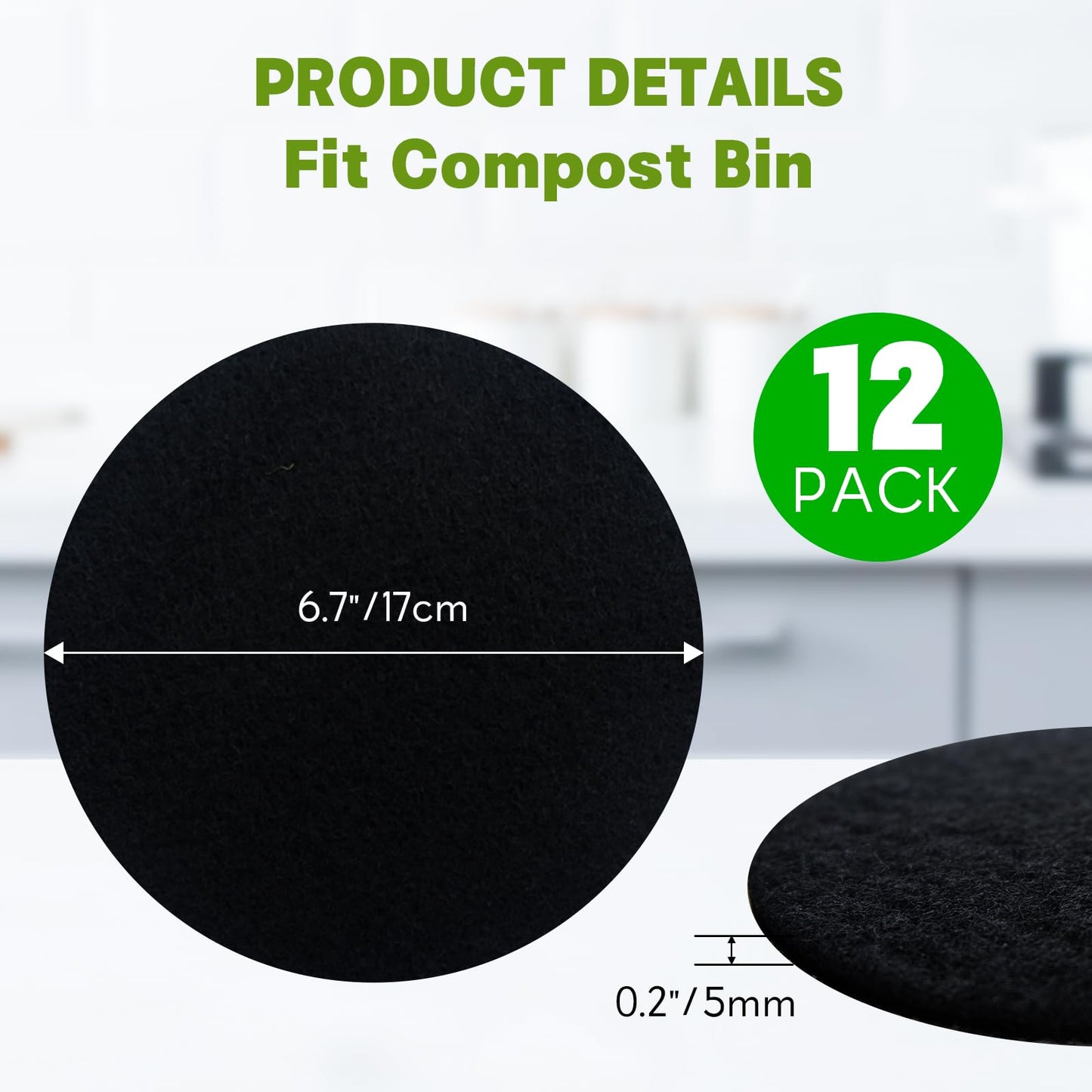 12 Pack - 6.7 Inch Round Compost Bin Charcoal Filters,Extra Thick Activated Carbon Charcoal Filters for Longer Lasting Odor Control, Fits Countertop and Home Bucket Kitchen Compost Bins (Refill)