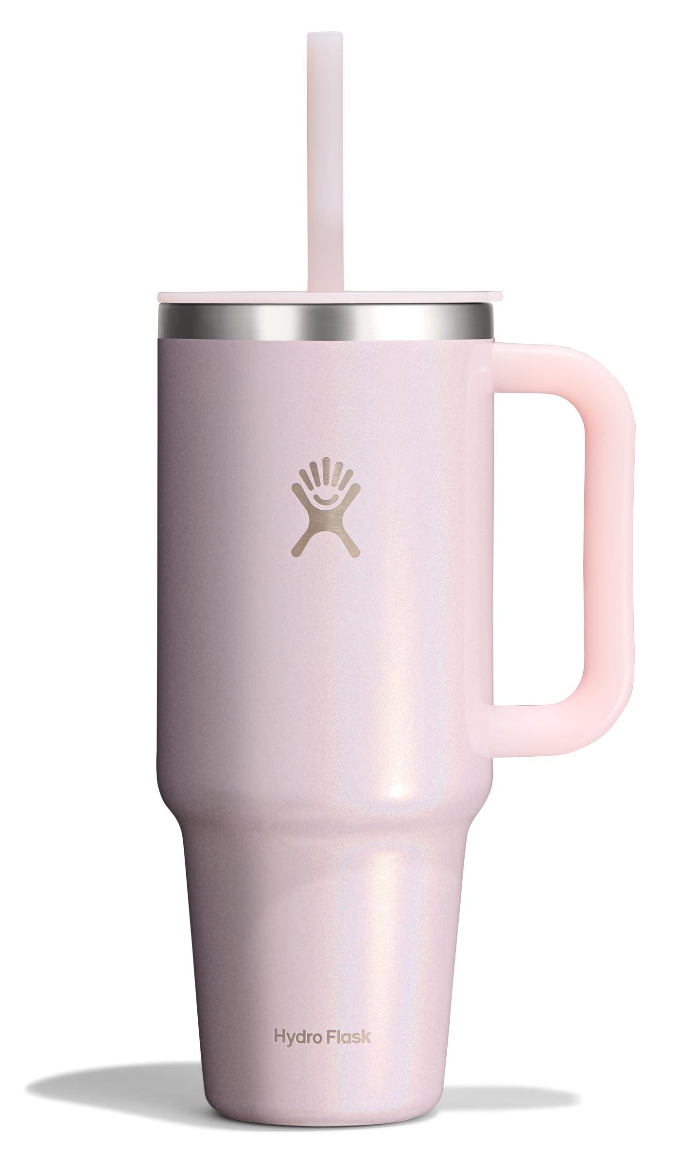 Hydro Flask Travel Tumbler with Handle, Lid and Straw - Insulated Stainless Steel in 40 Oz Glimmer Pink