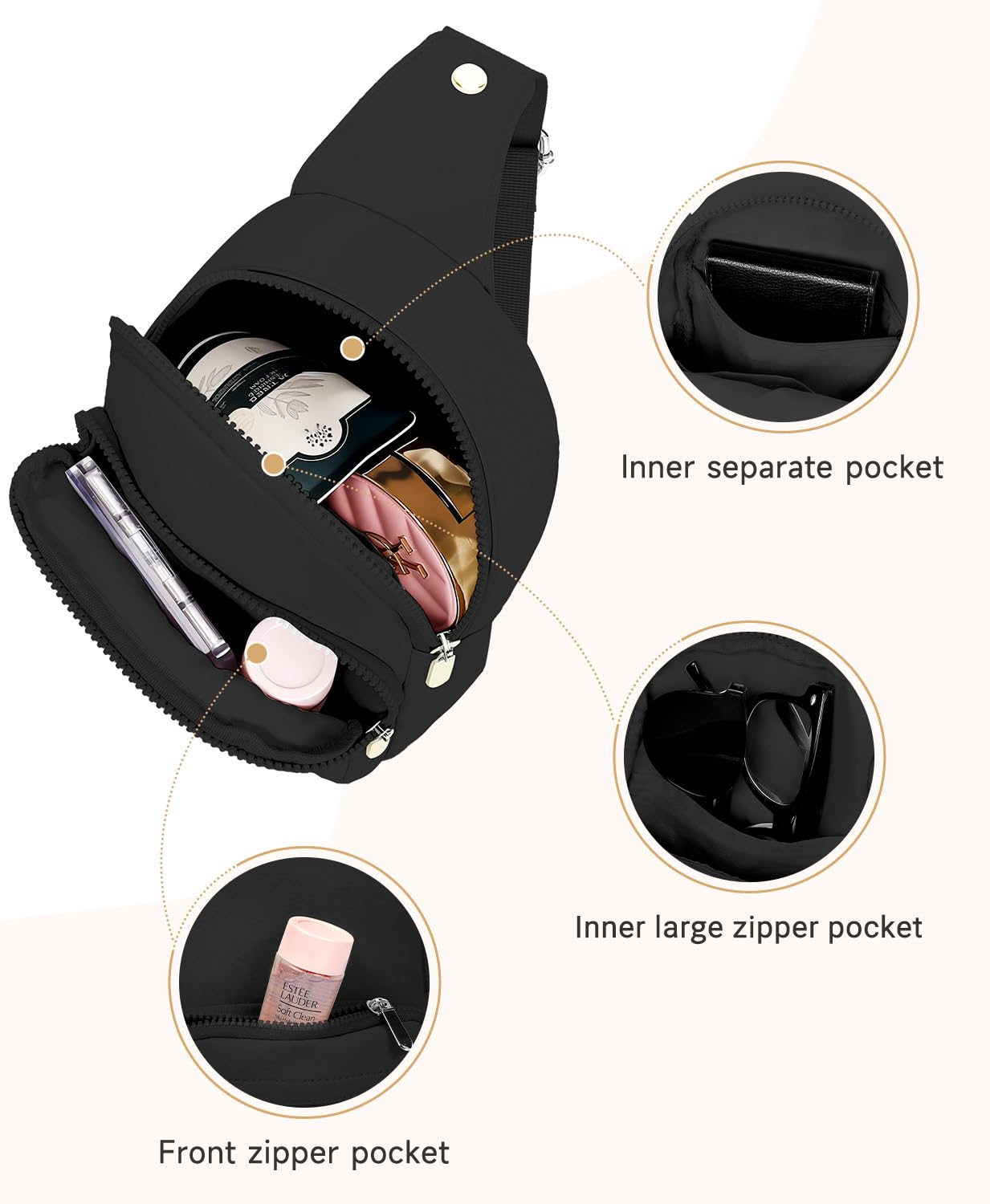 Neverwhy Small Crossbody Bag - Cute Sling Bag for Women - Small Chest Backpack Fanny Pack for Casual, Travel, Hiking Black