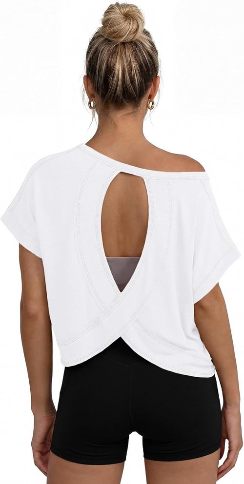 AUTOMET Women's Open Back Crop Top - Cute Backless Short Sleeve Athletic Shirt for Gym & Yoga