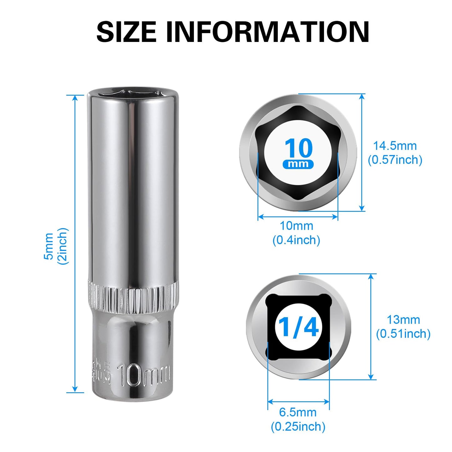 9-Piece 10mm Deep Sockets, 1/4-Inch Drive, 6-Point, Corrosion Resistance, Compatible with Standard Ratchet Wrenches and Tools