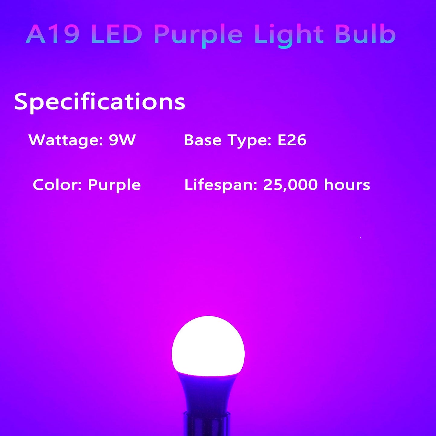 U4GLORY 4 Pack LED Purple Light Bulbs - A19 9W(60W Equivalent) E26 Base LED Purple Light Bulb for Party Decoration, Porch, Halloween Christmas Wedding, Home/Holiday Lighting, Decorative Illumination