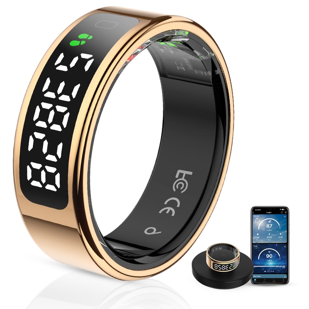 LCD Display Smart Ring - Sleep Tracker Touch Control Ring with Heart Rate/Blood Oxygen/Step Counter, Wireless Charging Dock, 5ATM Waterproof Fitness Tracker, No Subscription Fee for iOS/Android