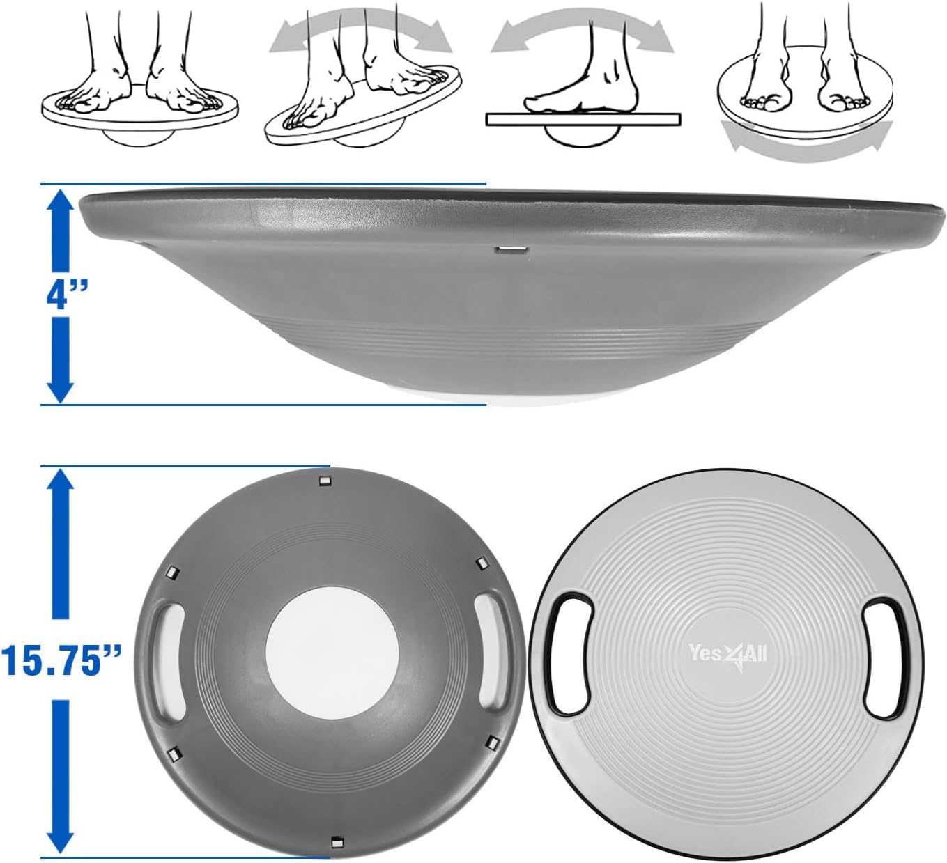 Yes4All Wobble Balance Board, Plastic Stability Trainer with Handles for Standing Desk, Core Training & Home Gym Workout (Silver - 15.7” Dia)