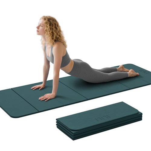 ILILI Foldable Yoga Mat 71 * 24 * 0.3'' - TPE Non-Slip Fitness Mat for Home，Waterproof & Lightweight (2lb) for Home Gym, Pilates & Stretching,Fitness Workouts (Dark Green)