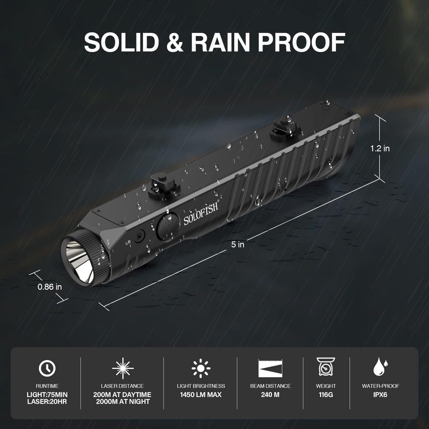 Solofish Tactical Flashlight - 1450 Lumens with Green Laser Sight | Magnetic Rechargeable, Mlok Rail Compatible