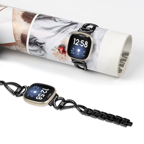 FitTurn for Fitbit Versa 4/Sense 2/Versa 3/Sense Bands for Women Men, Replacement Metal Cow horn + large fork Wristbands Strap with Bling Crystal Diamond Rhinestone Bracelet Bangle for Versa 4/Sense 2/Versa 3/Sense Smart Watch (Black)