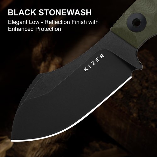 Kizer Rook Fixed Blade Knife, 3.11" Nessmuk-style D2 Blade Hunting Knives with Olive Green G10 Handle, Bushcraft Knife with Sheath & TekLok for Camping Hunting Survival 1090M1