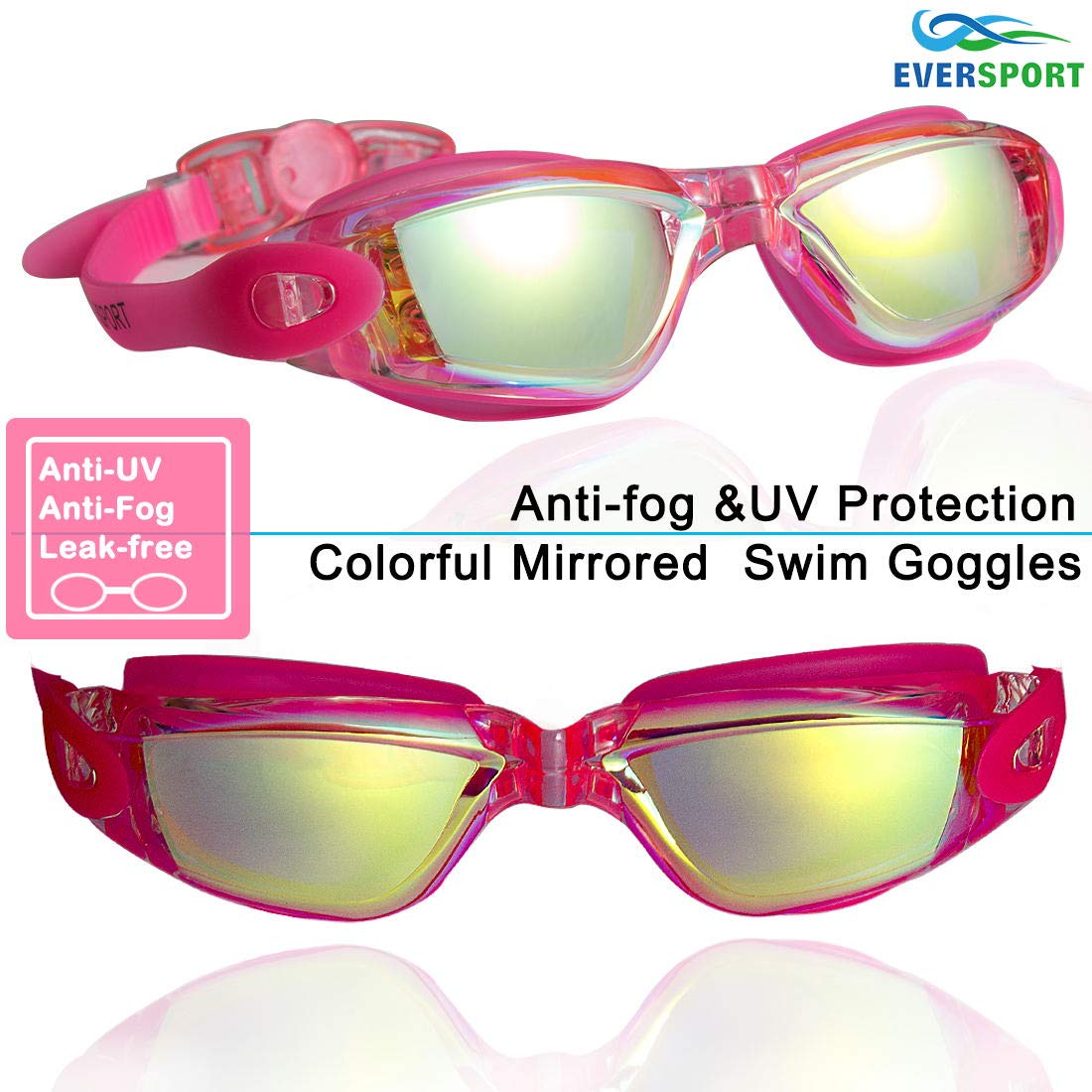EverSport Swim Goggles, Pack of 2, Swimming Glasses for Adult Men Women Youth Kids Child, Anti-Fog, UV Protection, Shatter-proof, Watertight(LightBlue&Mirrored Rose Red)