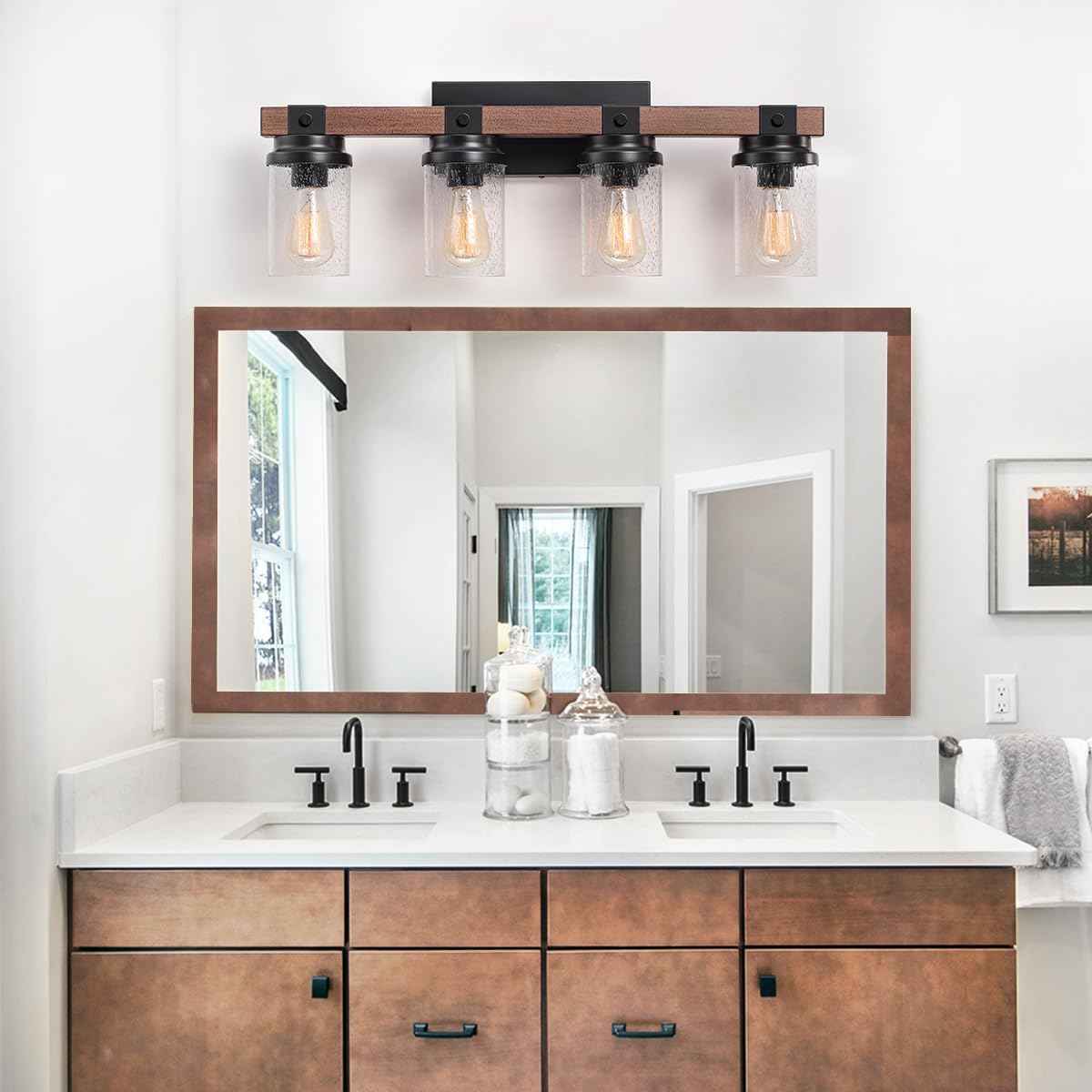 Farmhouse 2-Light Vanity Lights for Bathroom - Rustic Black Wood & Glass Sconces