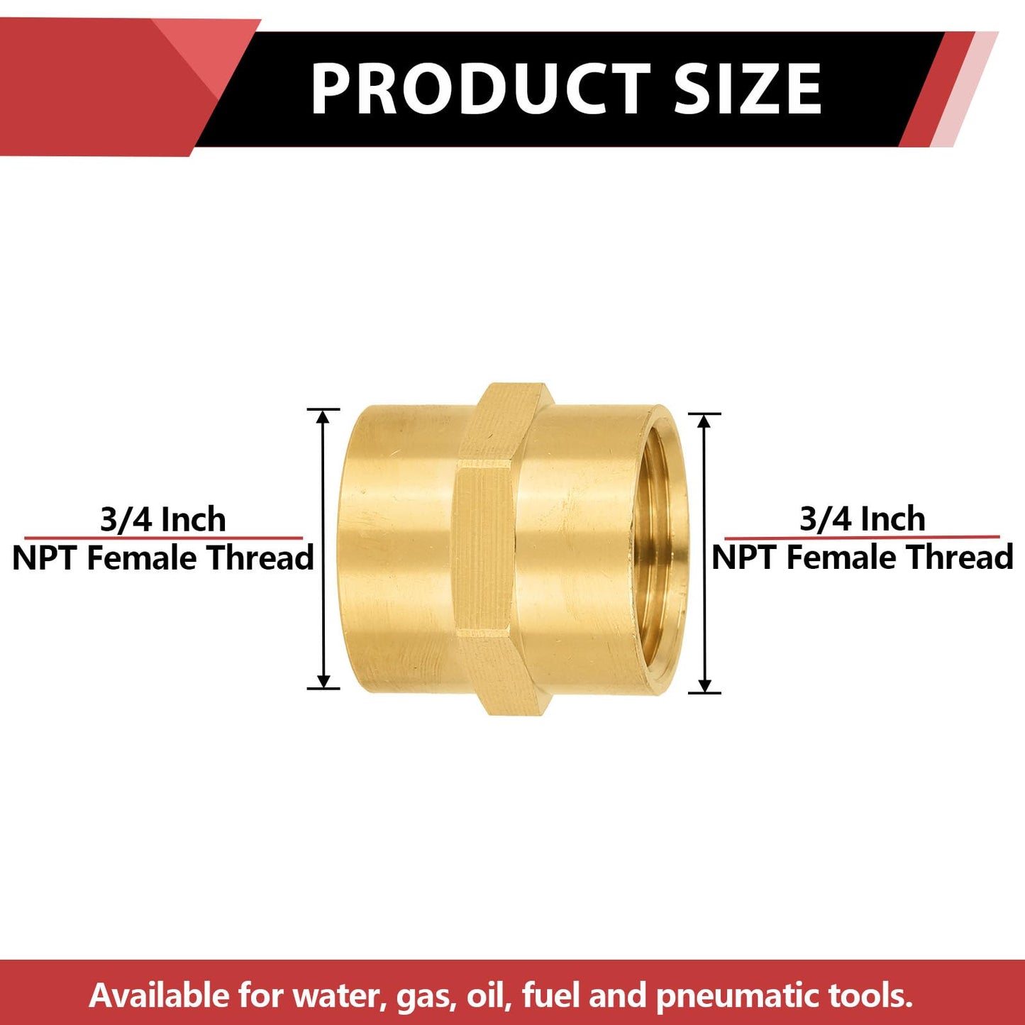 (Pack of 2) EFIELD 3/4" x 3/4" Female NPT Coupling, Soild Brass Hex Nipple Brass Pipe Fittings,(NPT076)