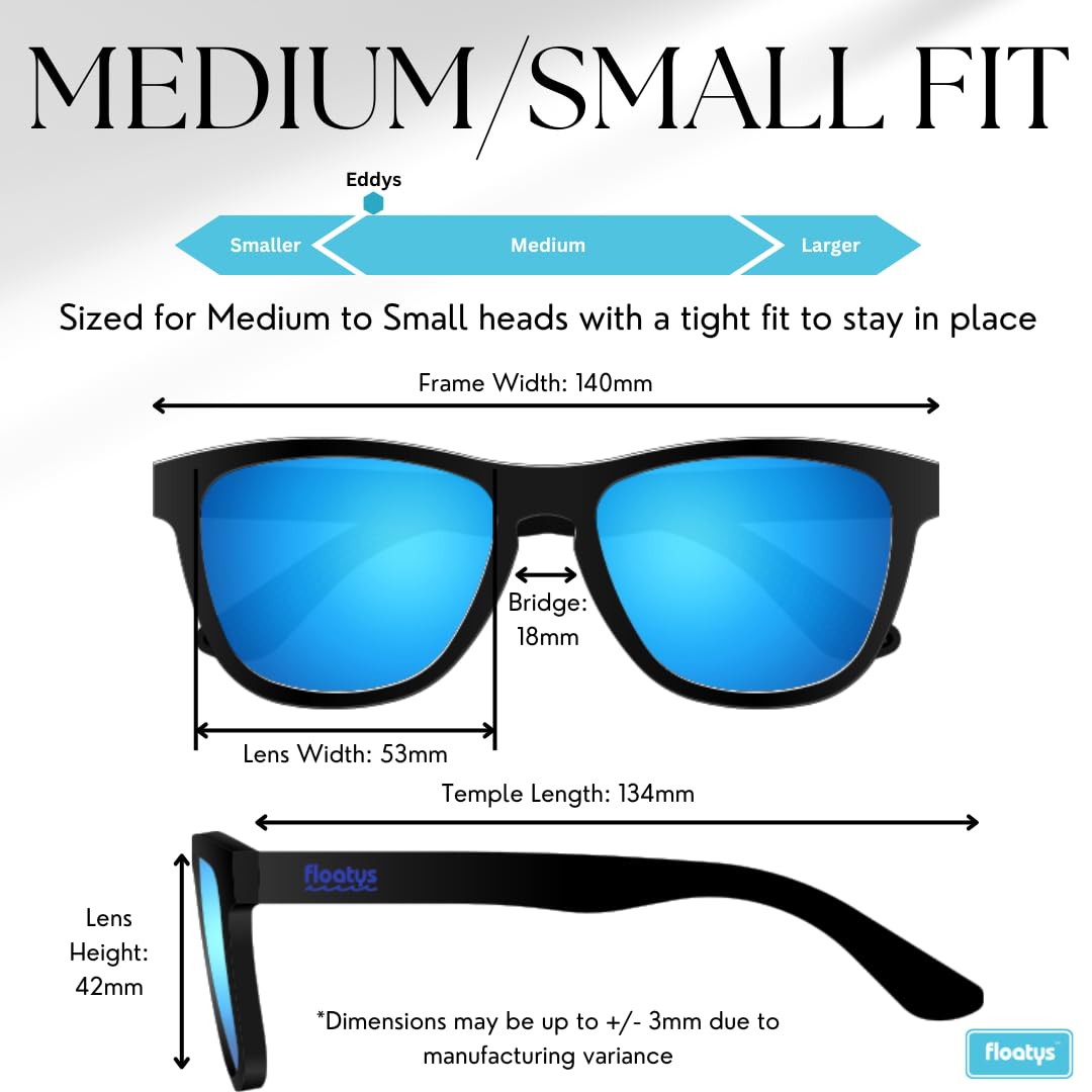 Floatys Floating Sunglasses Rubberized Eddys | Polarized Water Repelling Lenses | No Slip Frame | Lightweight | Men and Women (Black Frame/Blue Mirror Lens)