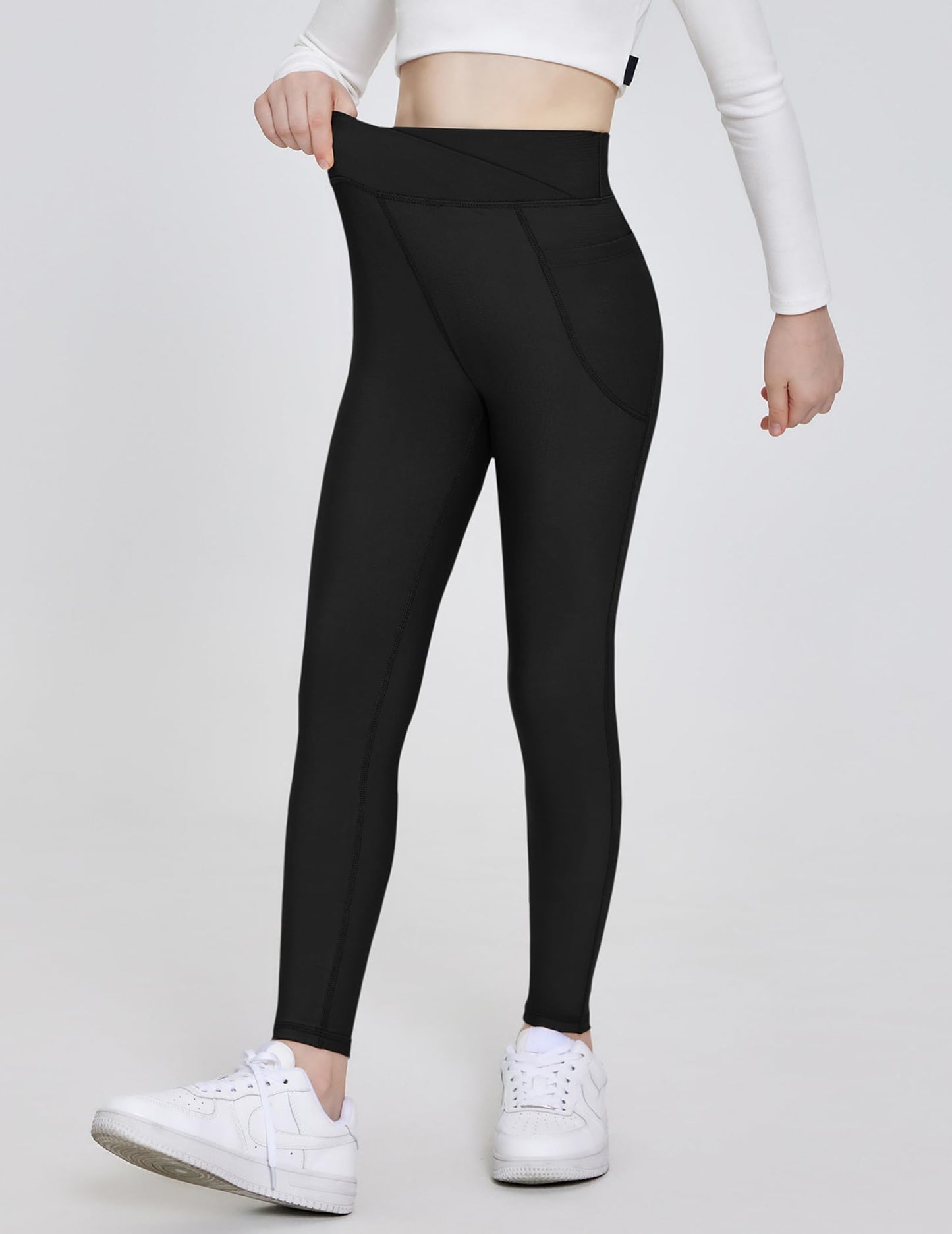 Zaclotre Girls Fleece Lined Leggings Kids Water Resistant Winter Warm Crossover Athletic Yoga Pants with Pockets Black