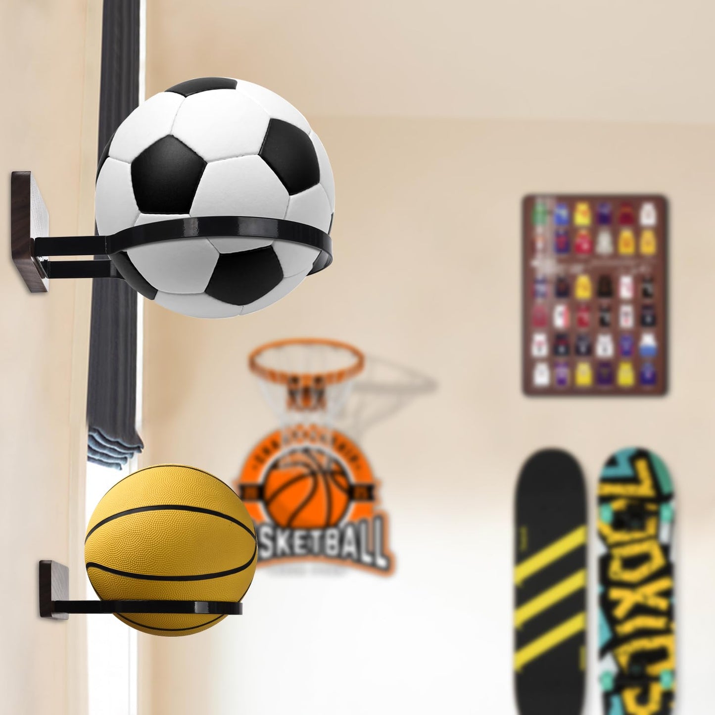 Basketball Holder Wall Mount, Black Walnut Ball Storage Wall Decorations for Basketball, Football, Soccer, Volleyball Collection, Stylish Basketball Rack Display for Home Decor (Black Wood-4 Packs)