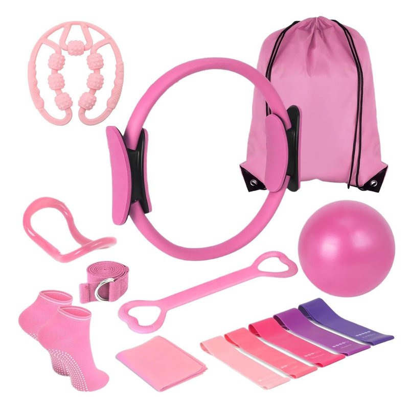 Quivorant Pilates Equipment Kit for Home Workout, Pilates Ring and Ball Set with 5 Resistance Bands, mag-ic Circle Compact Toning Fitness Essentials Starter Set Accessories, Core Sliders, Socks, Bag