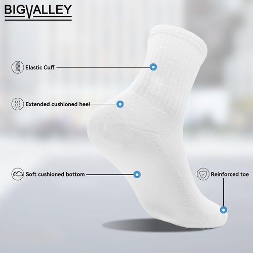 bigvalley Men's Essential Cotton Dress Crew Socks, Classic White- Cushioned Athletic Comfort for Casual and Sports