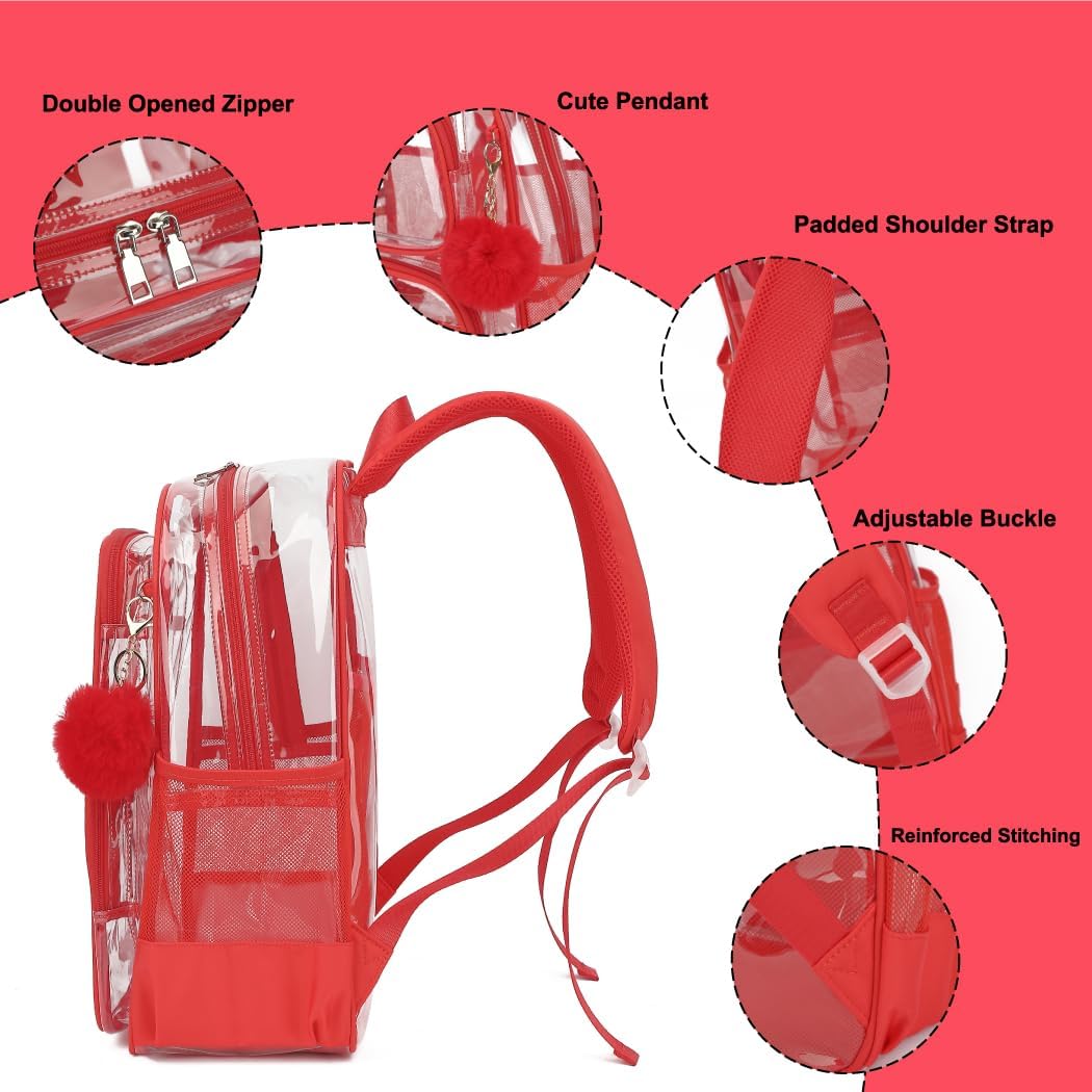 Skiennix Heavy Duty Clear Backpack - Durable Transparent School Bookbag for Kids | Red