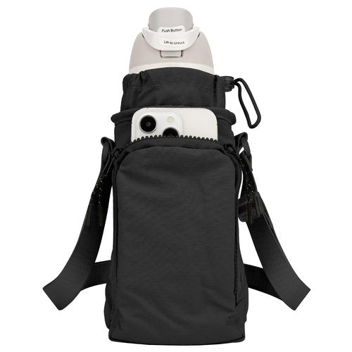 Linkidea Water Bottle Carrier with Strap Compatible with Owala FreeSip 24oz/32oz, Iron Flask Wide Mouth 32oz, Waterbottle Sling Bag Holder, Shoulder Strap with Phone Pocket (Black)