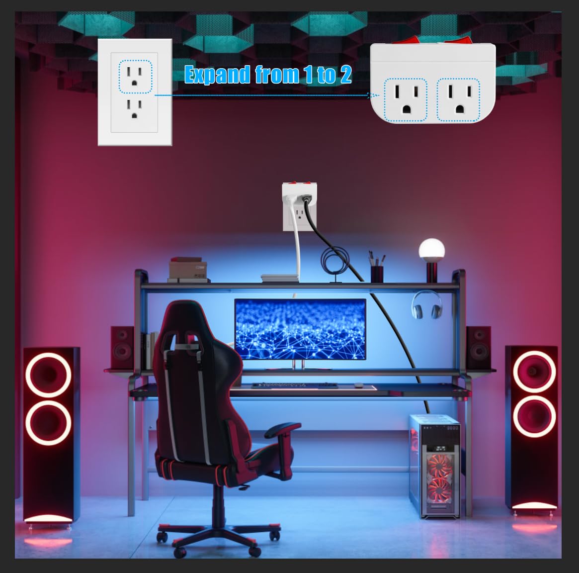 Grounded Outlet with Double ON Off Switch,VSEER 2 Port Electrical Outlet Plug Switch 15A 1875W / Wall Tap Adapter with Daul Red Indicator, ETL Listed (White 2-Pack)