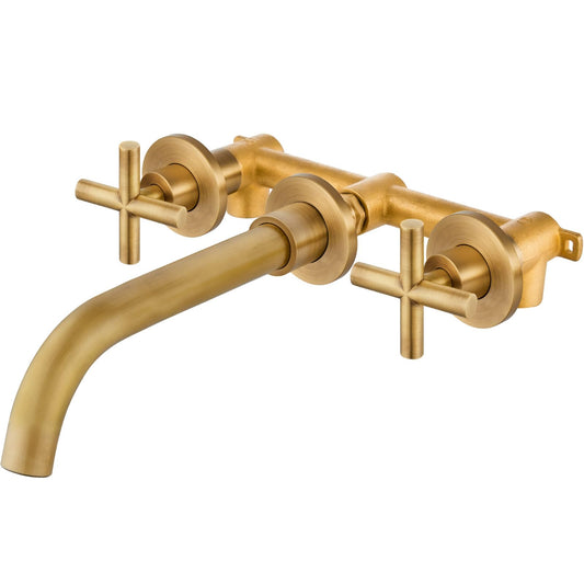 Airuida Solid Brass Widespread Wall Mount Bathroom Faucet with 360 Swivel Spout Wall Mounted Lavatory Faucet Vanity Sink Mixer Tap with Rough in Valve and Double Cross Handles Antique Brass